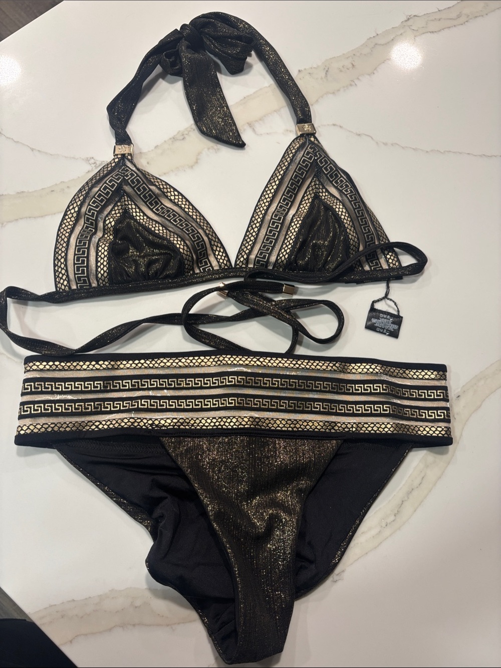 Black & Gold Metallic Halter Bikini Set - Women's Swim